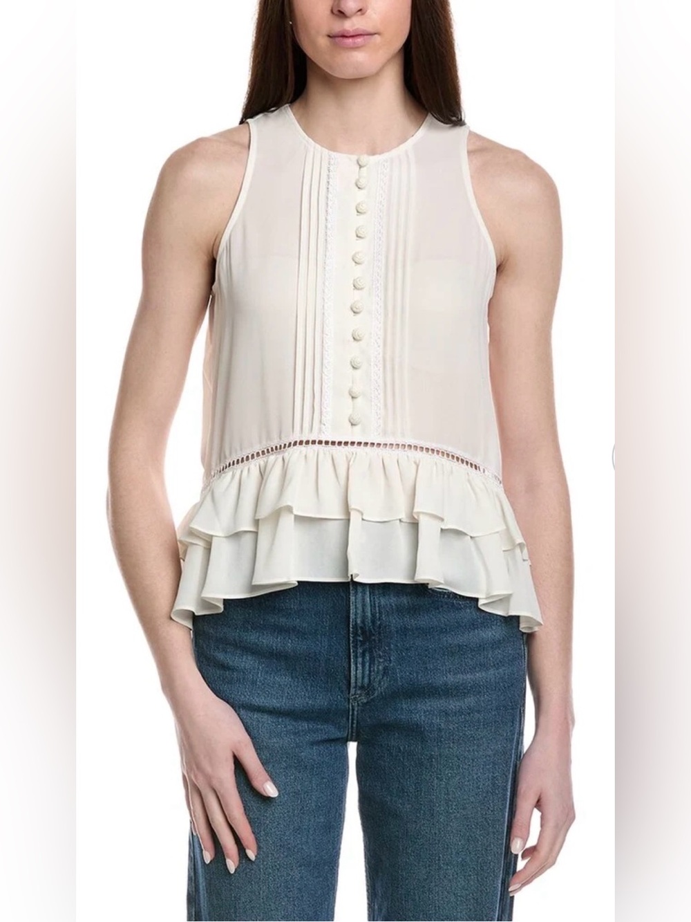 NWT Cinq à Sept Leesal Pintuck‎ Pleat Ruffle Peplum Top Blouse Cream Medium